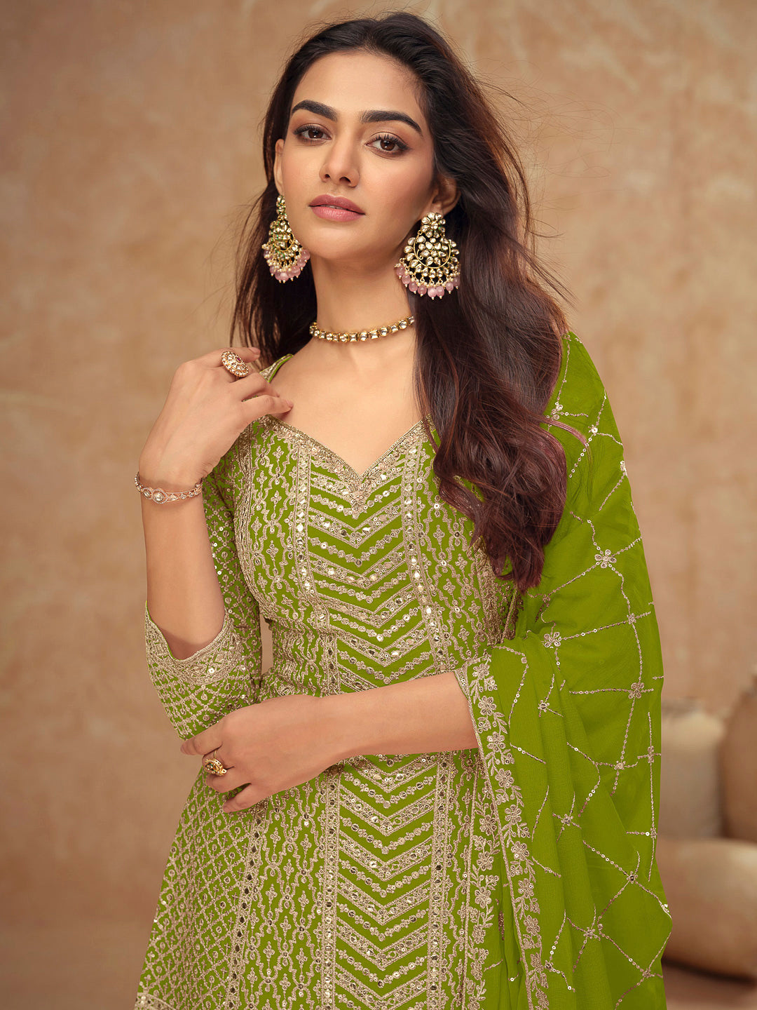 Lime Green Chinon Embroidered Kurta With Palazzo &amp; Dupatta