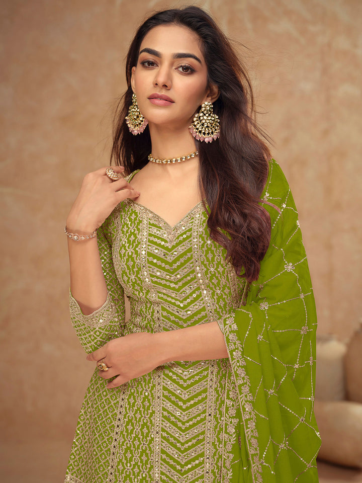 Lime Green Chinon Embroidered Kurta With Palazzo &amp; Dupatta