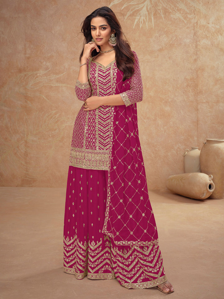 Magenta Chinon Embroidered Kurta With Palazzo &amp; Dupatta