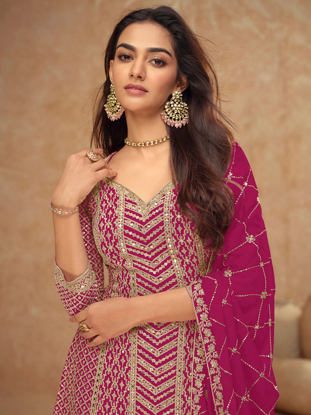 Magenta Chinon Embroidered Kurta With Palazzo &amp; Dupatta