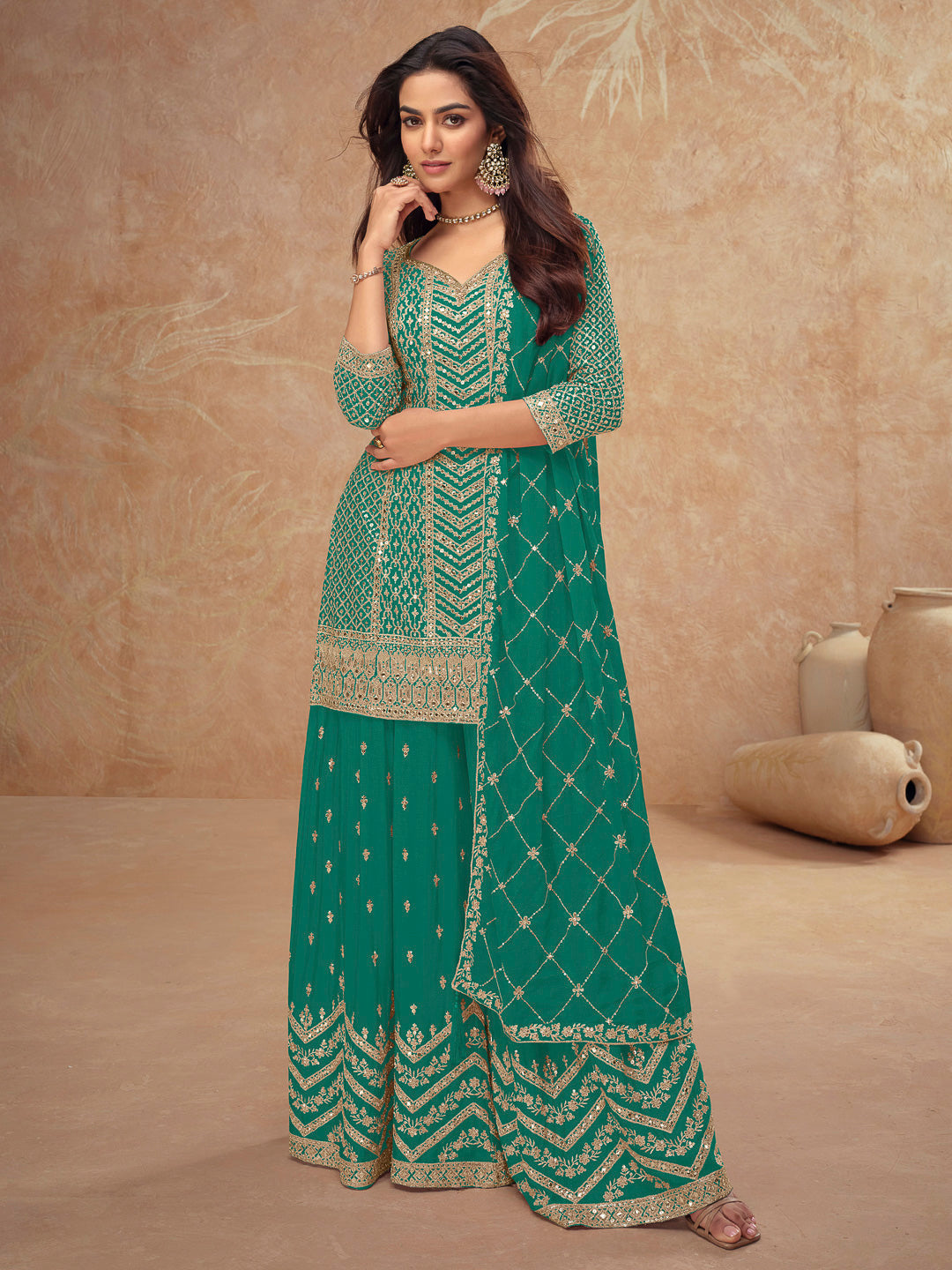Teal Green Chinon Embroidered Kurta With Palazzo &amp; Dupatta