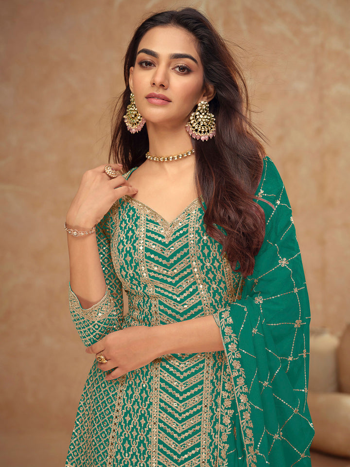 Teal Green Chinon Embroidered Kurta With Palazzo &amp; Dupatta