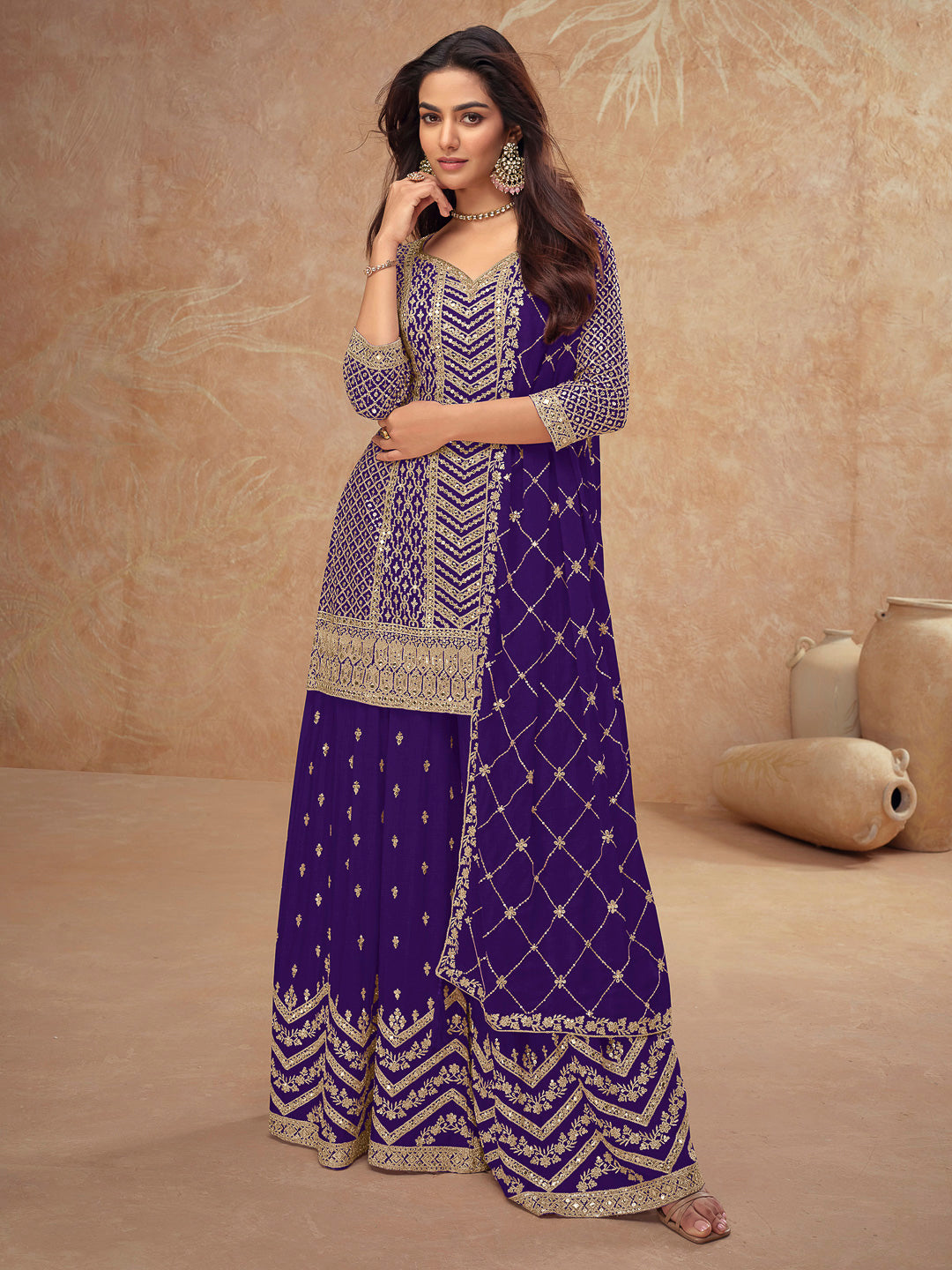 Purple Chinon Embroidered Kurta With Palazzo &amp; Dupatta