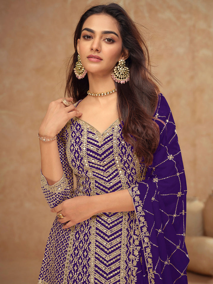 Purple Chinon Embroidered Kurta With Palazzo &amp; Dupatta