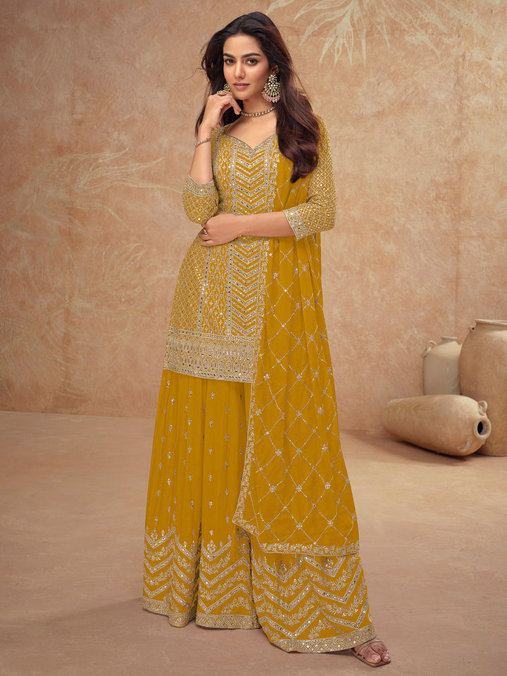 Mustard Chinon Embroidered Kurta With Palazzo &amp; Dupatta