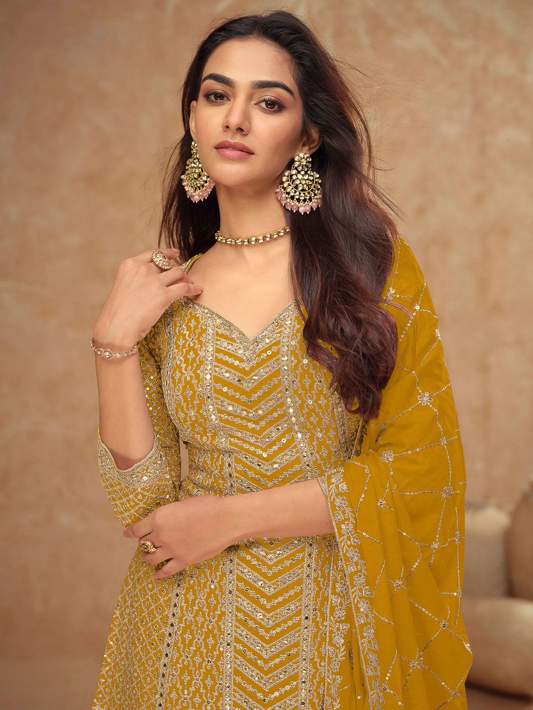 Mustard Chinon Embroidered Kurta With Palazzo &amp; Dupatta