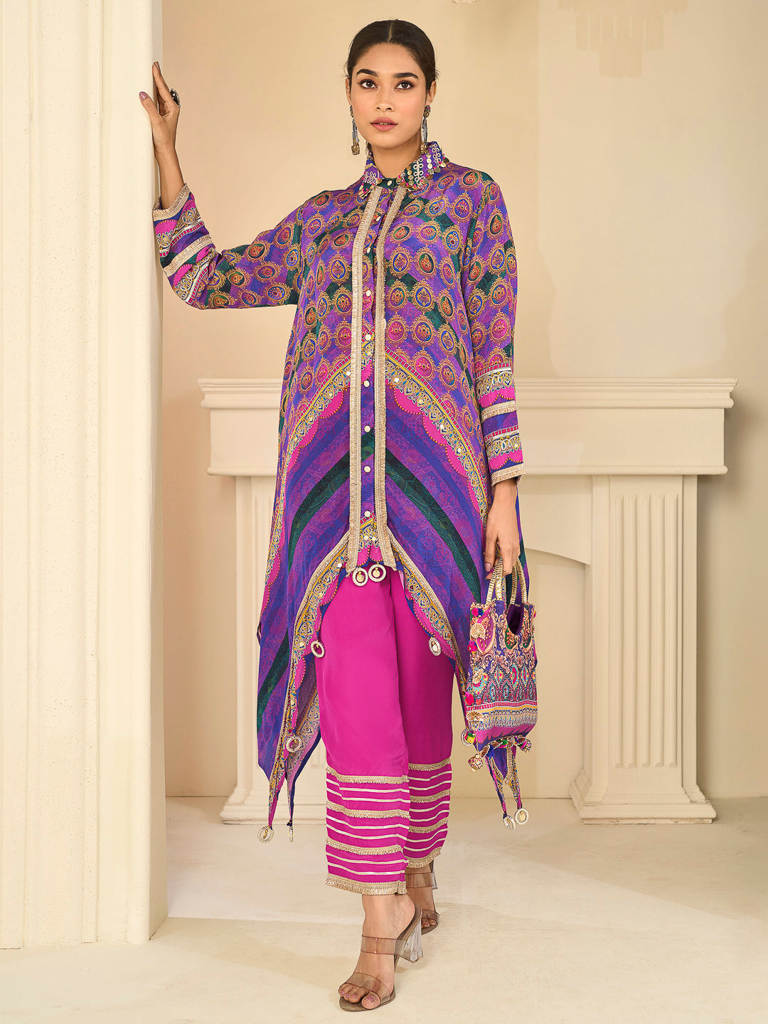 Multi-Colored Crepe Printed High Low Kurta With Pant
