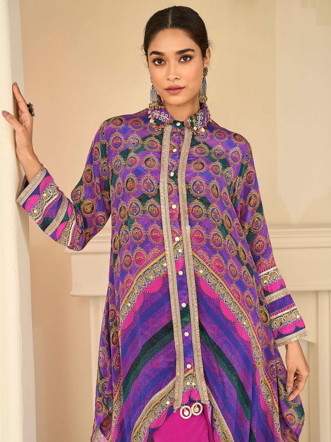 Multi-Colored Crepe Printed High Low Kurta With Pant