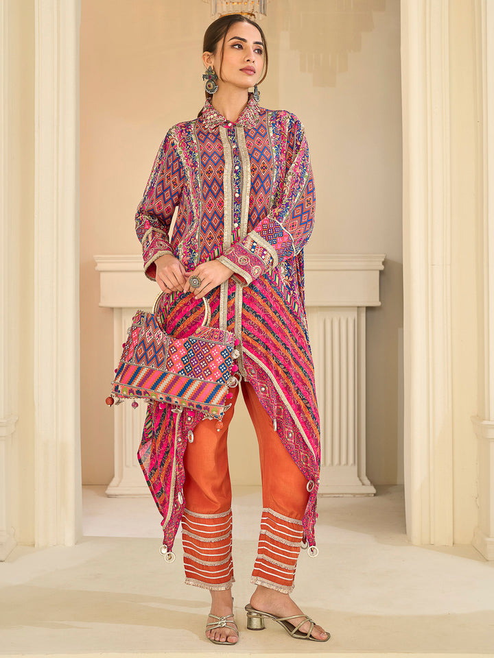 Multi-Colored Crepe Printed High Low Kurta With Pant