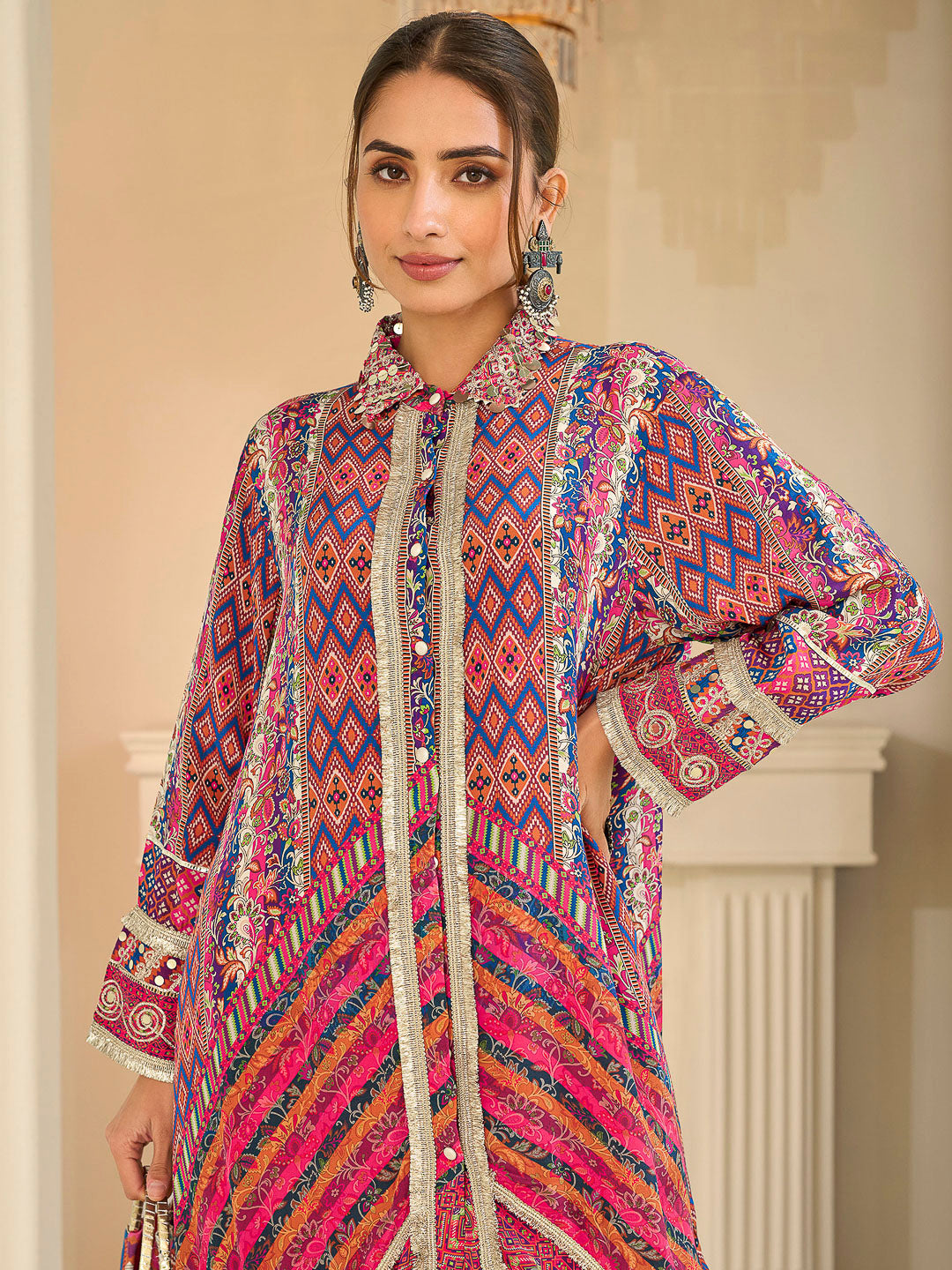 Multi-Colored Crepe Printed High Low Kurta With Pant
