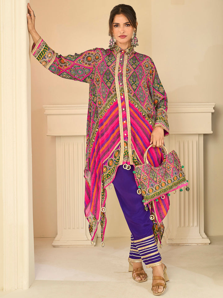Multi-Colored Crepe Printed High Low Kurta With Pant