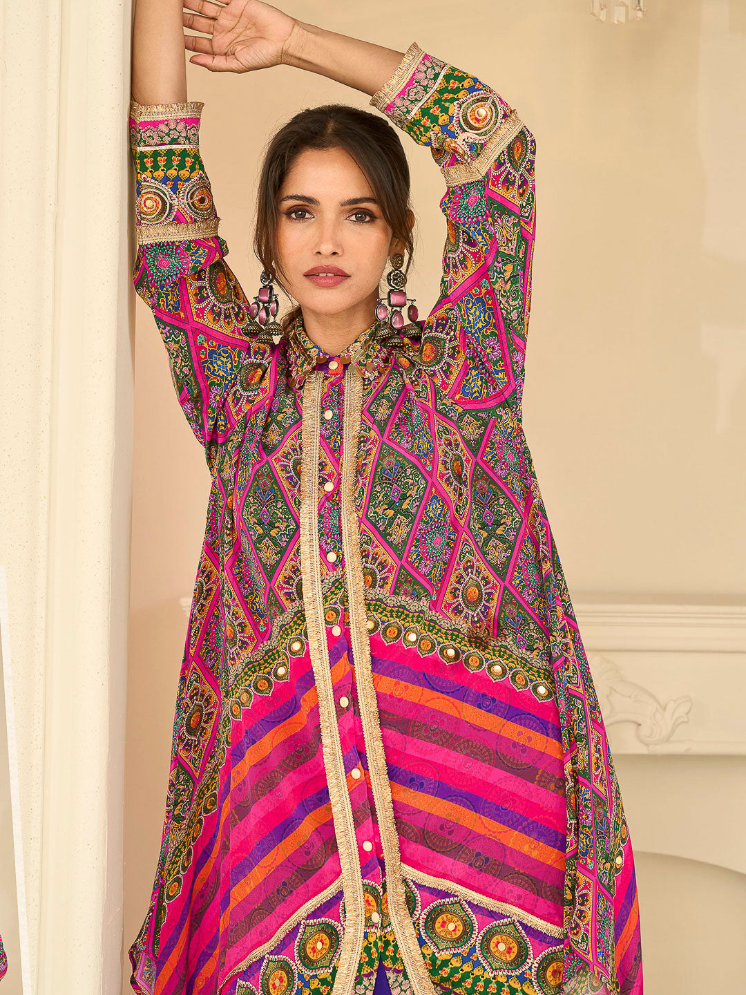 Multi-Colored Crepe Printed High Low Kurta With Pant