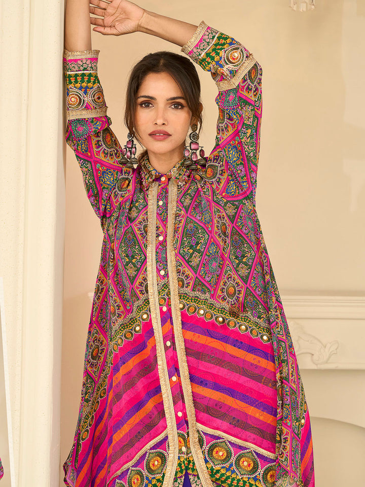 Multi-Colored Crepe Printed High Low Kurta With Pant