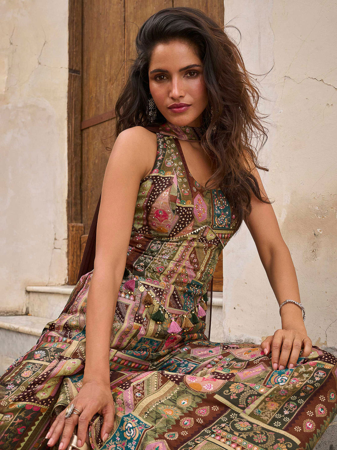 Multi-Colored Art Silk Printed Strapless tube bodice With Palazzo &amp; Dupatta