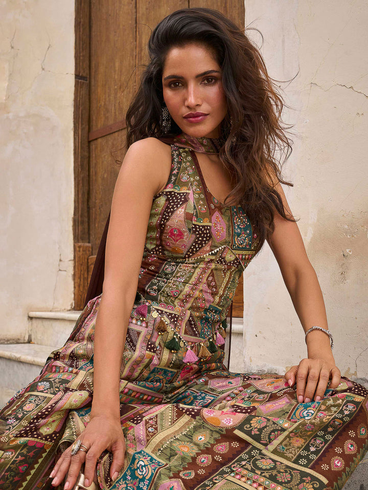 Multi-Colored Art Silk Printed Strapless tube bodice With Palazzo &amp; Dupatta