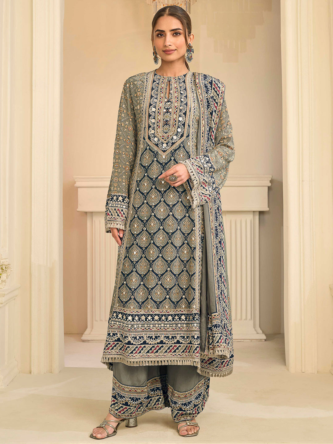 Olive Green-Grey Crepe Embroidered Straight-Cut Kurti With Palazzo &amp; Dupatta