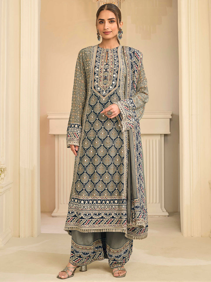 Olive Green-Grey Crepe Embroidered Straight-Cut Kurti With Palazzo &amp; Dupatta