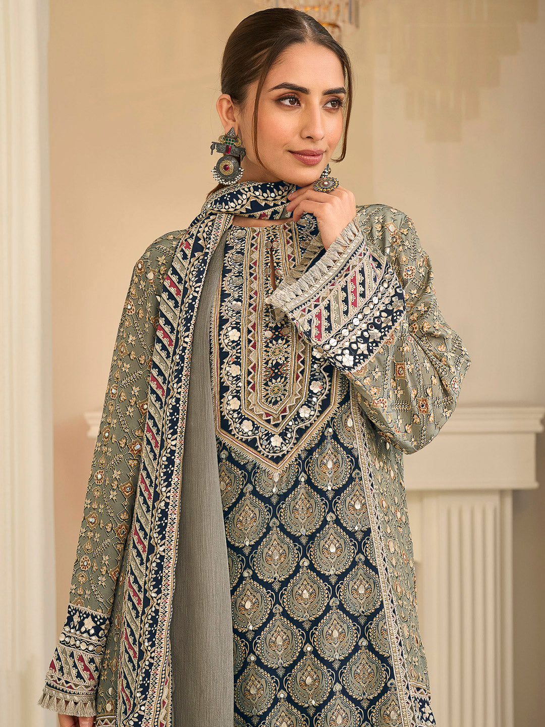Olive Green-Grey Crepe Embroidered Straight-Cut Kurti With Palazzo &amp; Dupatta