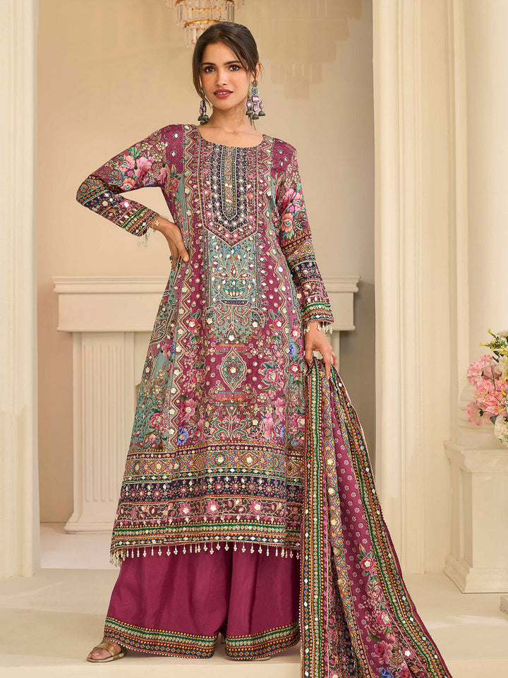 Magenta Crepe Embroidered Straight-Cut Kurti With Palazzo &amp; Dupatta