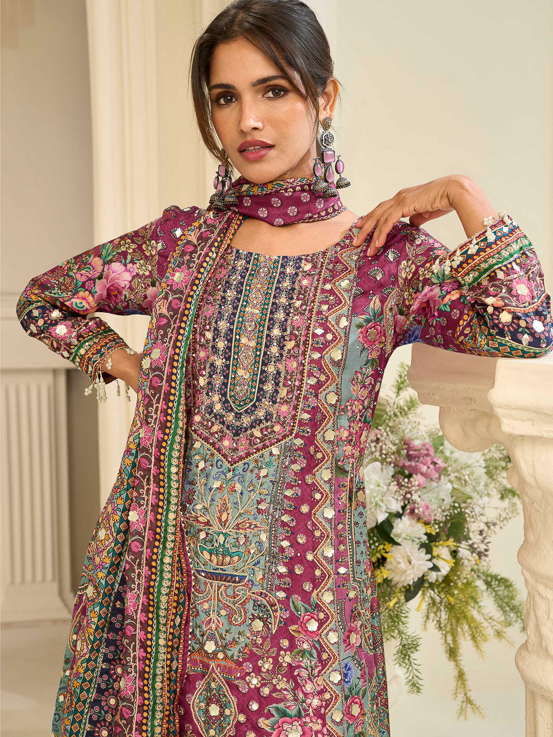 Magenta Crepe Embroidered Straight-Cut Kurti With Palazzo &amp; Dupatta