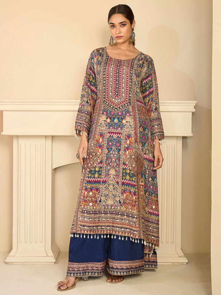 Beige Crepe Printed Straight-Cut Kurti With Palazzo