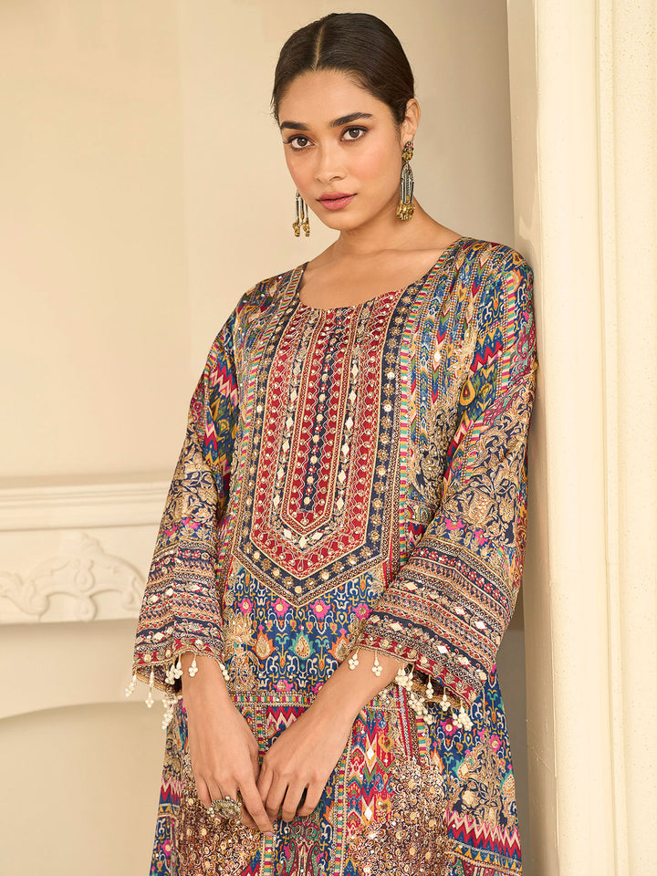 Beige Crepe Printed Straight-Cut Kurti With Palazzo