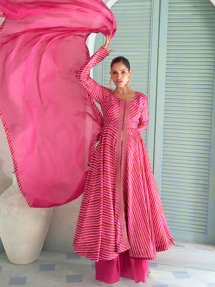 Magenta-Pink Chinon Embroidered flared Anarkali-style kurta gown With Palazzo &amp; Dupatta