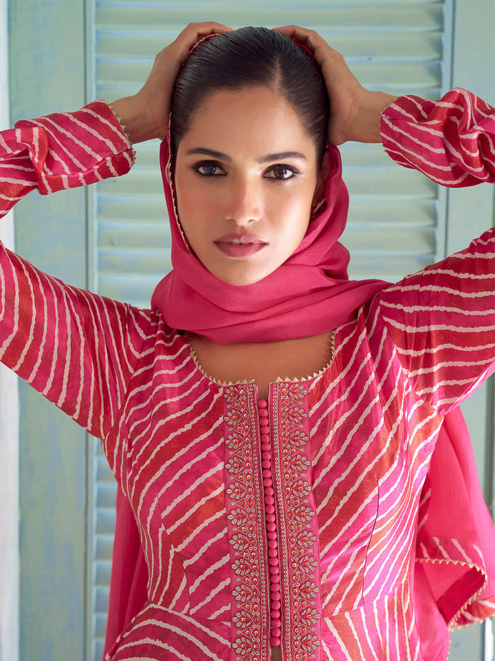 Magenta-Pink Chinon Embroidered flared Anarkali-style kurta gown With Palazzo &amp; Dupatta