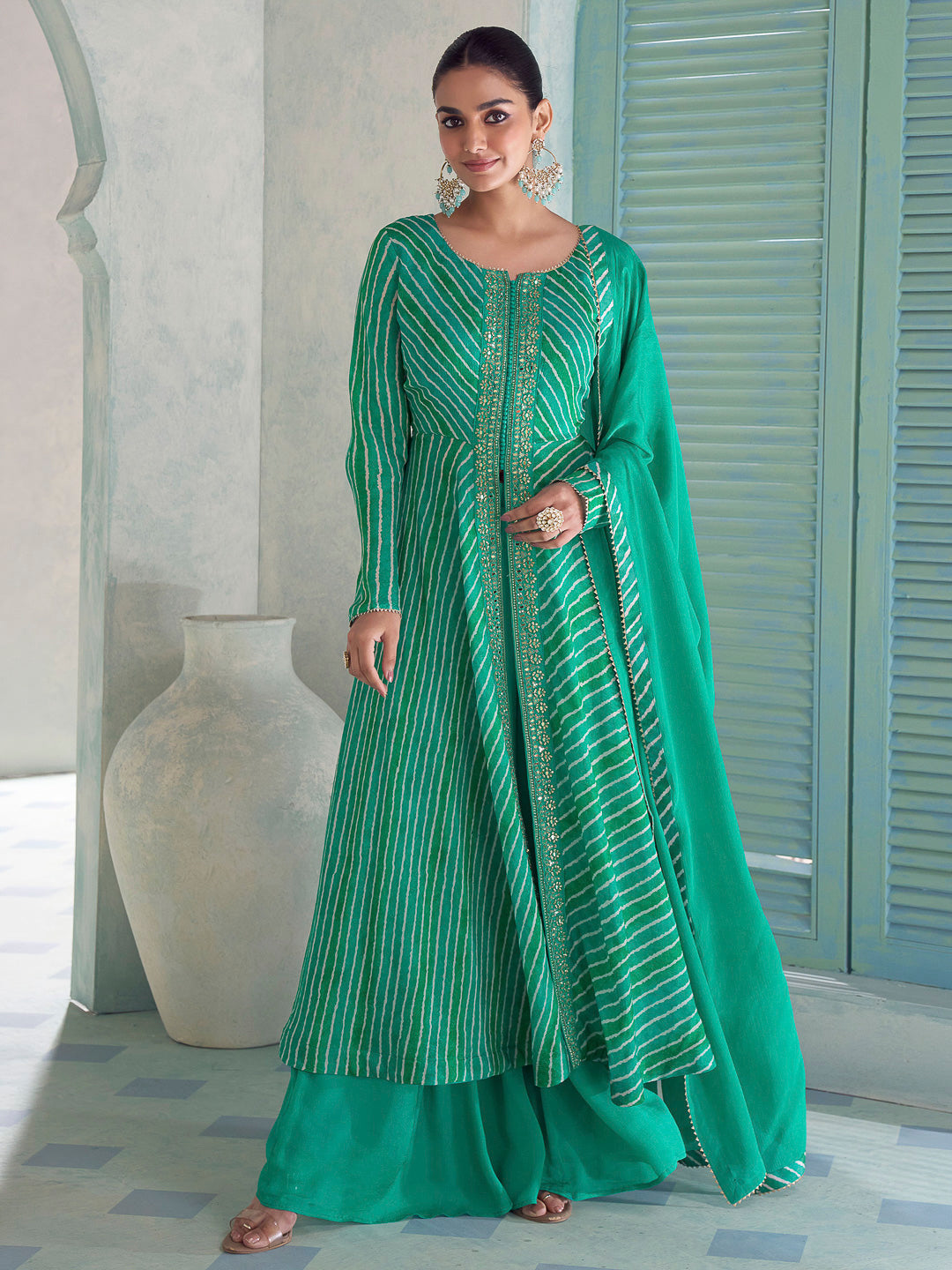 Emerald-Green Chinon Embroidered flared Anarkali-style kurta gown With Palazzo &amp; Dupatta