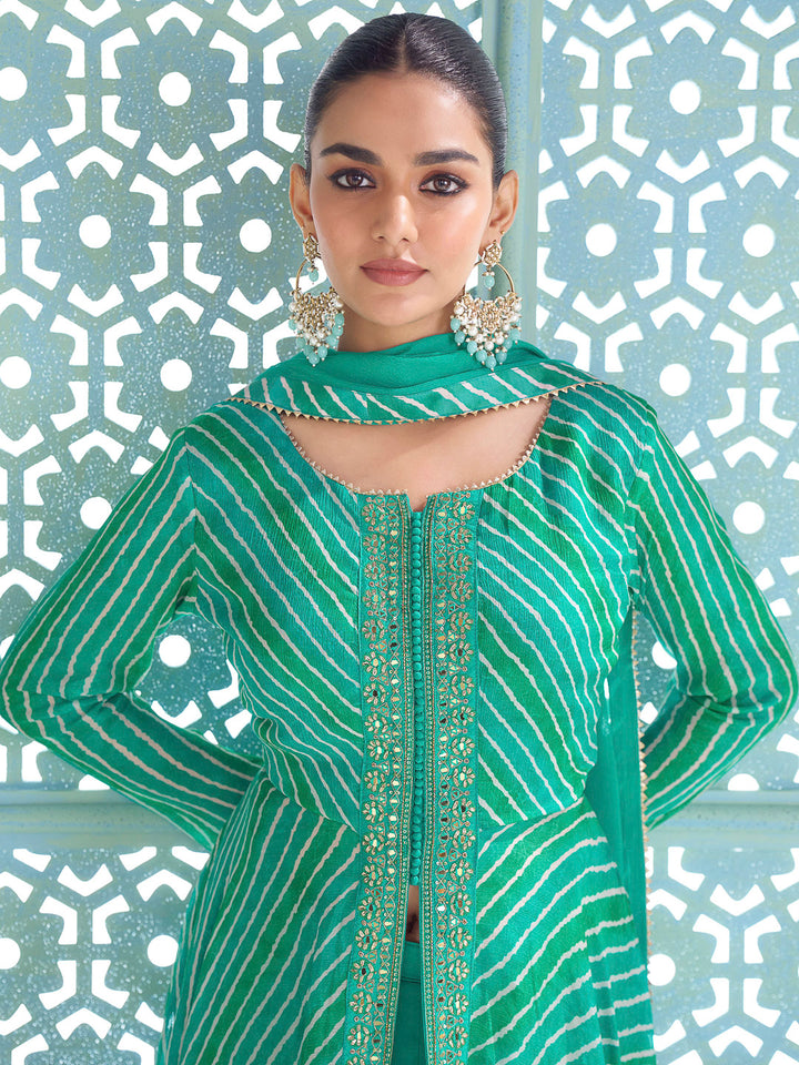 Emerald-Green Chinon Embroidered flared Anarkali-style kurta gown With Palazzo &amp; Dupatta