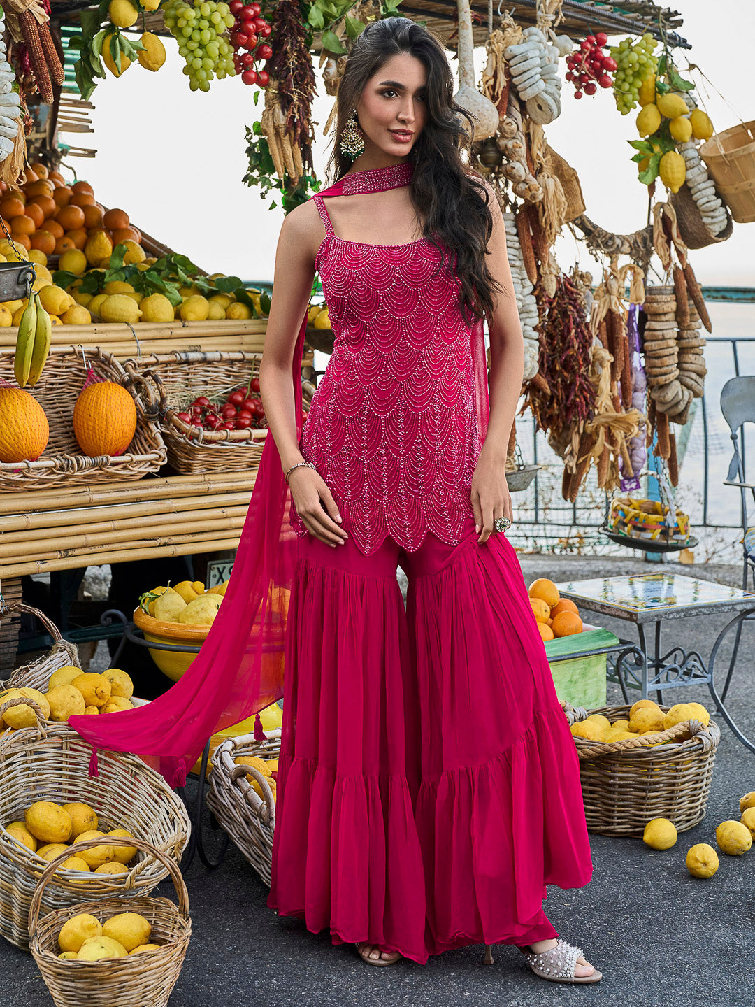 Fuschia Pink Georgette Embroidered Short Strappy straight tunic With Sharara &amp; Dupatta