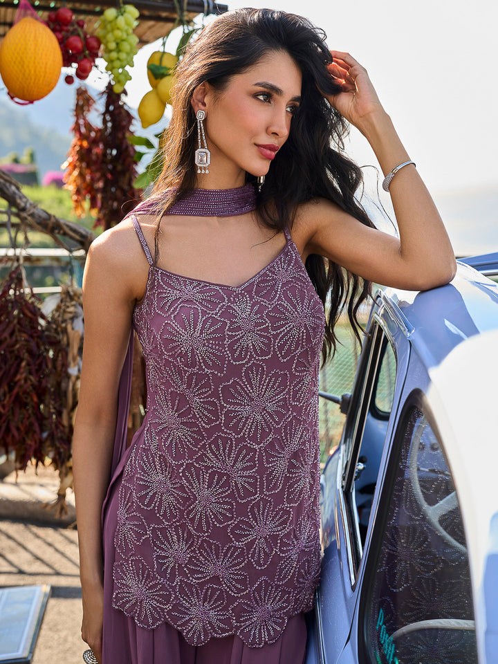 Purple Georgette Embroidered Short Strappy straight tunic With Palazzo &amp; Dupatta