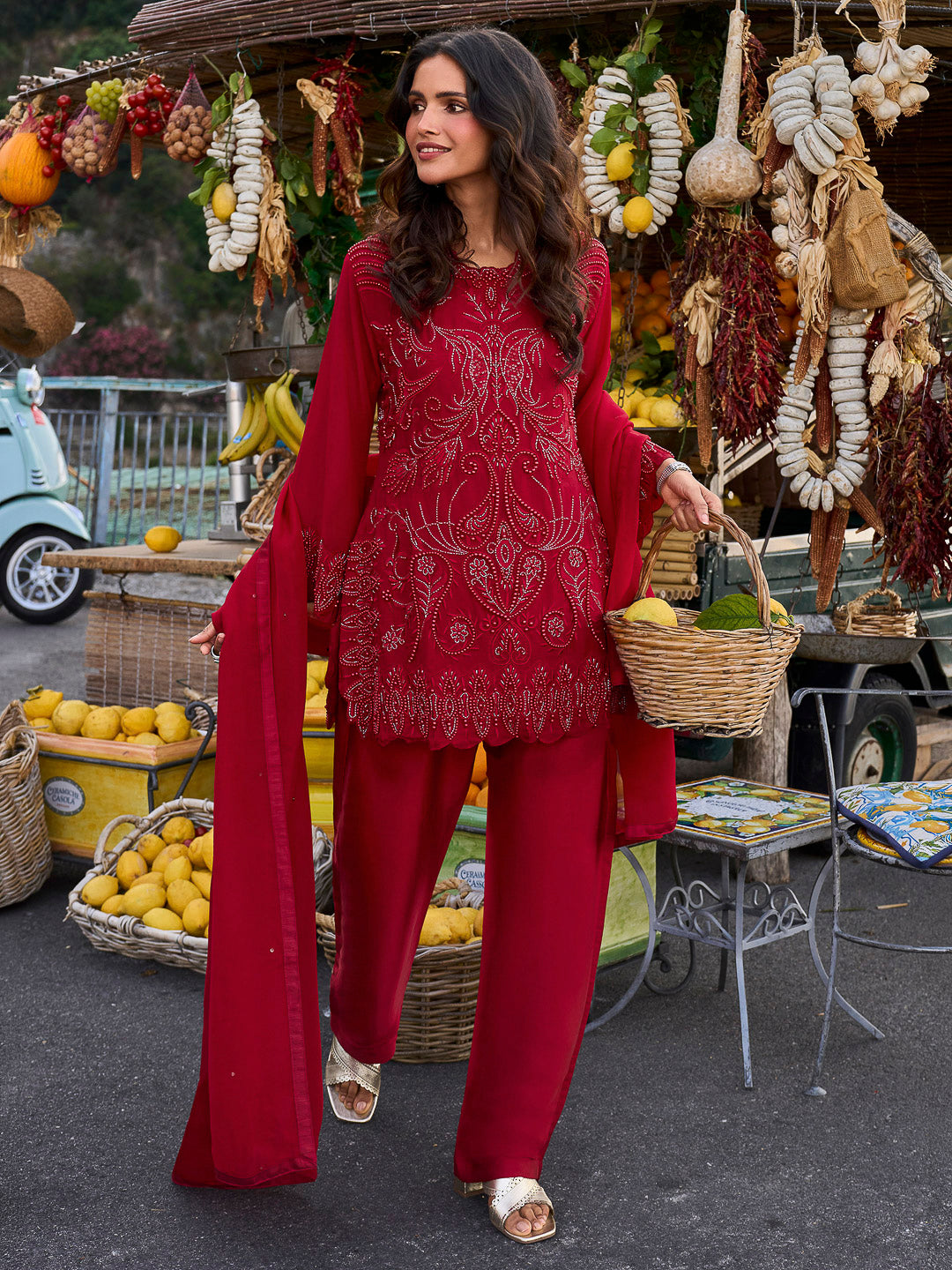 Maroon Georgette Embroidered Short Strappy straight tunic With Pant &amp; Dupatta