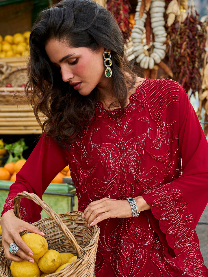 Maroon Georgette Embroidered Short Strappy straight tunic With Pant &amp; Dupatta