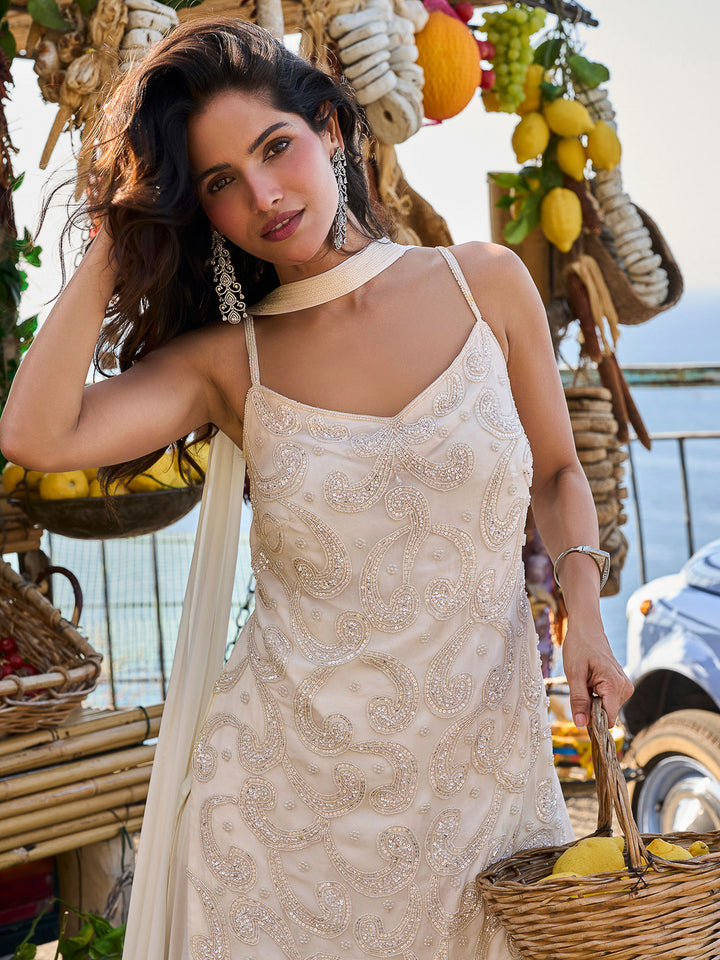Ivory Georgette Embroidered Short Strappy straight tunic With Palazzo &amp; Dupatta