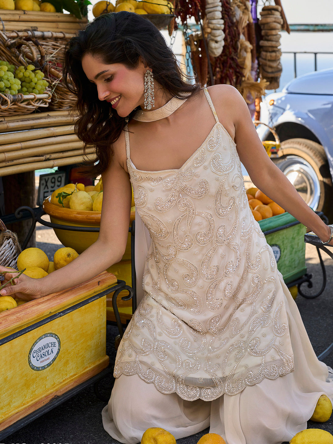 Ivory Georgette Embroidered Short Strappy straight tunic With Palazzo &amp; Dupatta