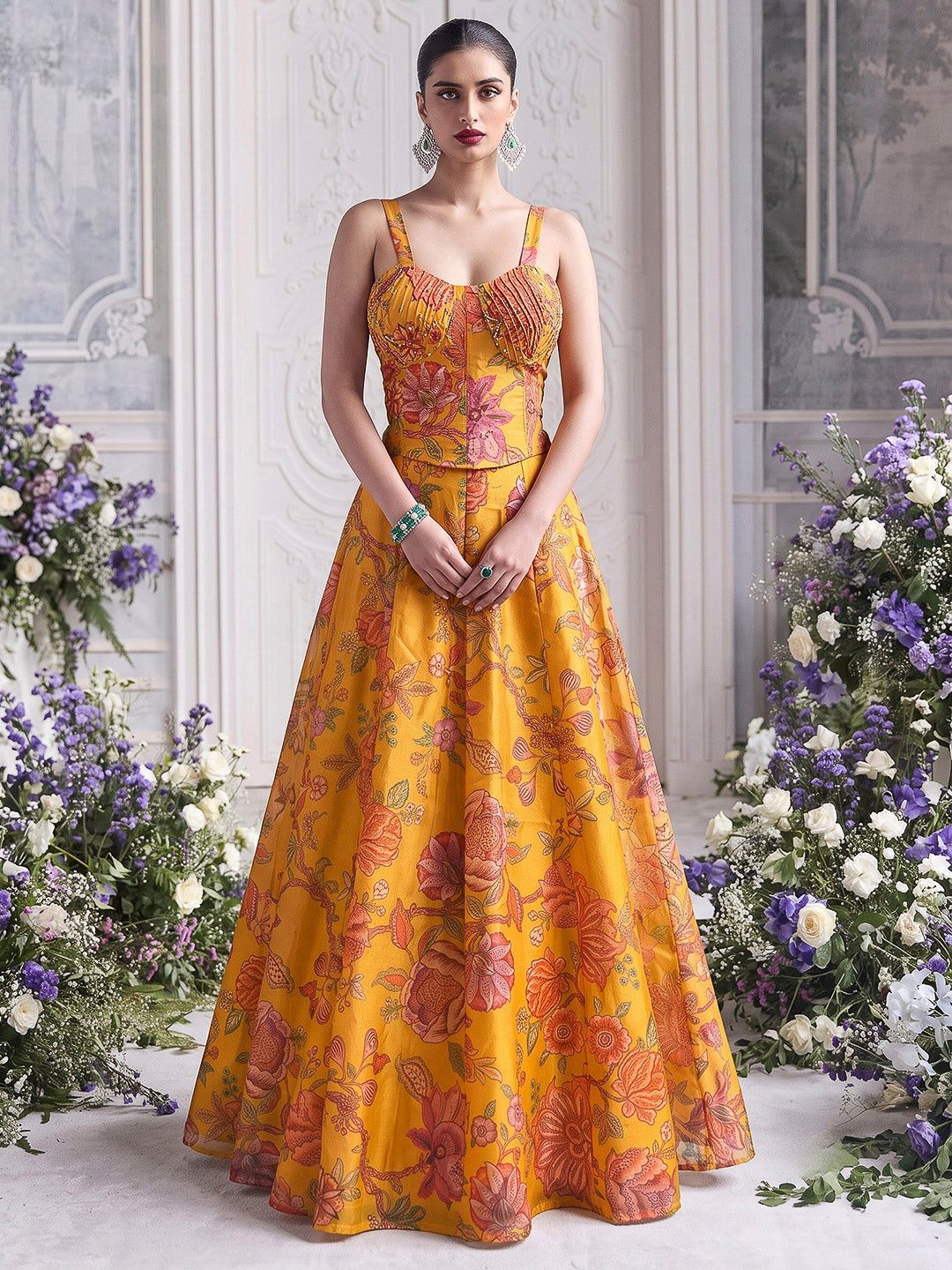 Mustard Organza Embroidered Corset Crop Top With Skirt