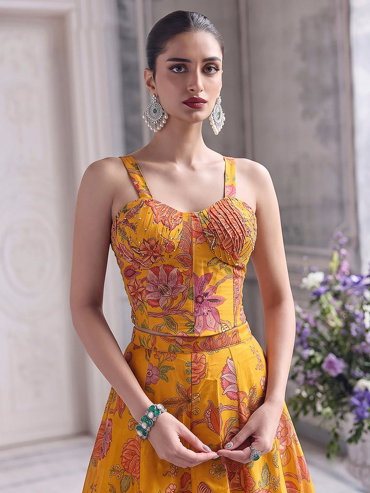 Mustard Organza Embroidered Corset Crop Top With Skirt