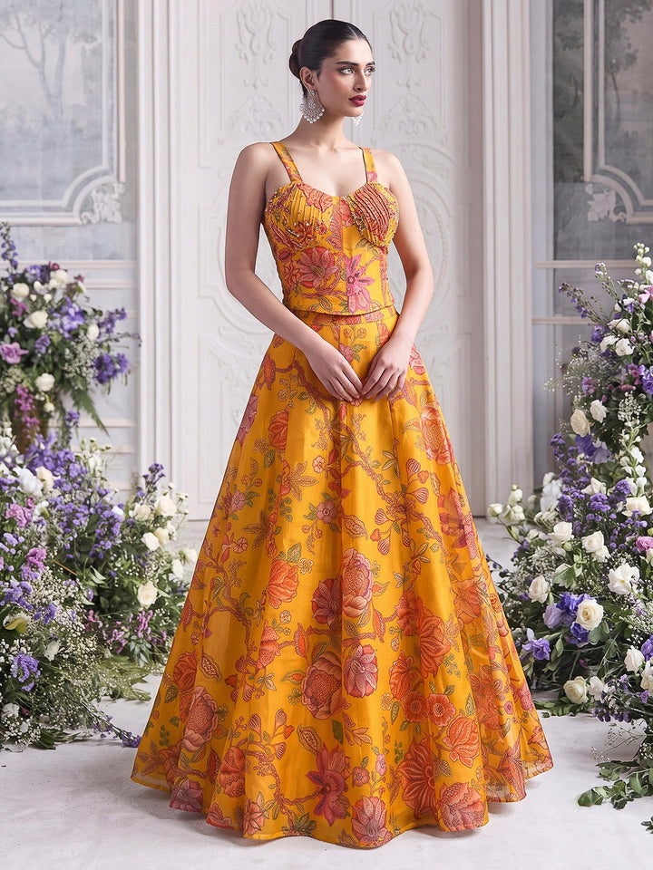 Mustard Organza Embroidered Corset Crop Top With Skirt