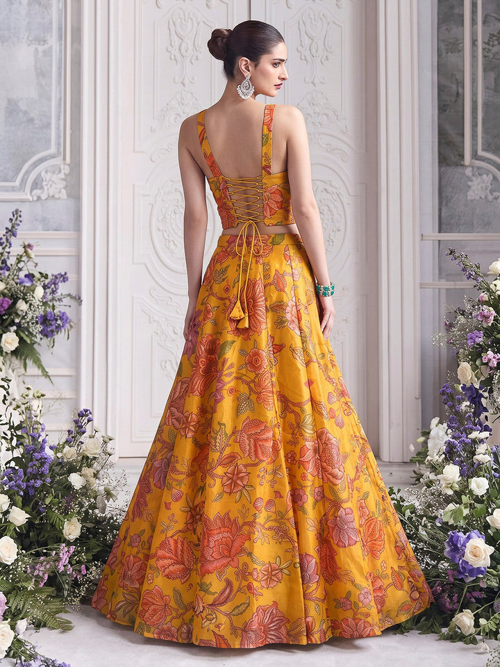 Mustard Organza Embroidered Corset Crop Top With Skirt