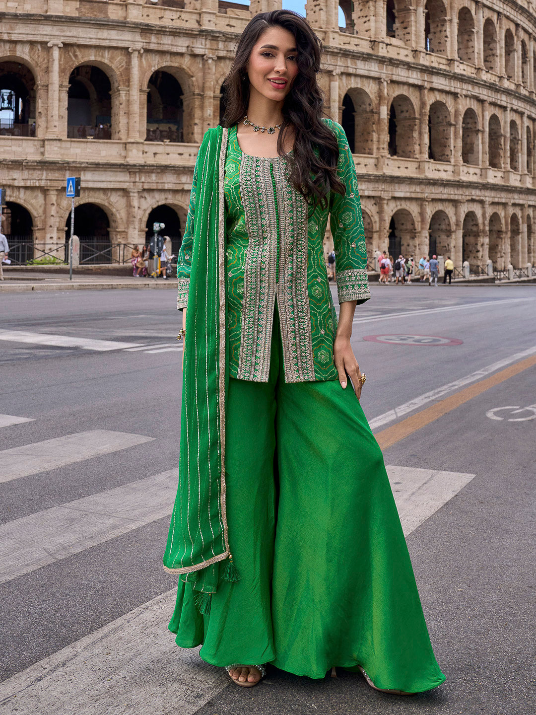Green Chinon Embroidered Kurta With Palazzo &amp; Dupatta