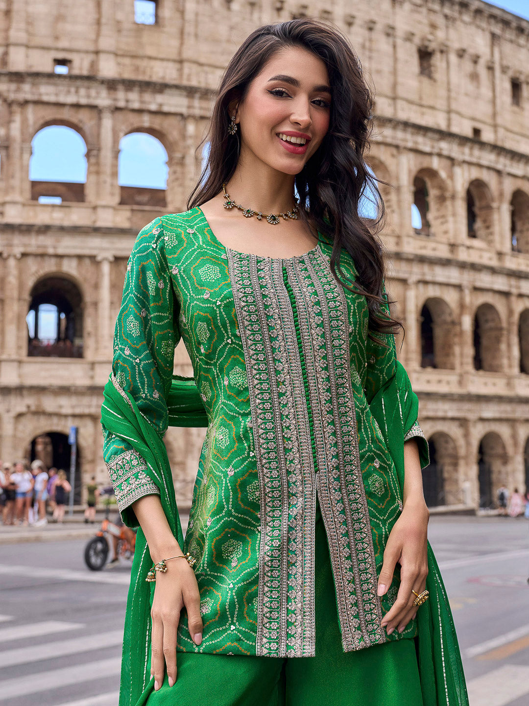 Green Chinon Embroidered Kurta With Palazzo &amp; Dupatta