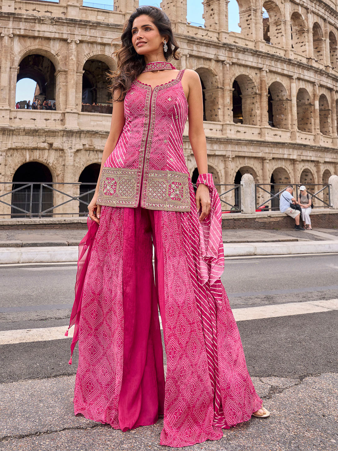 Rani-Pink Chinon Embroidered Kurta With Palazzo &amp; Dupatta