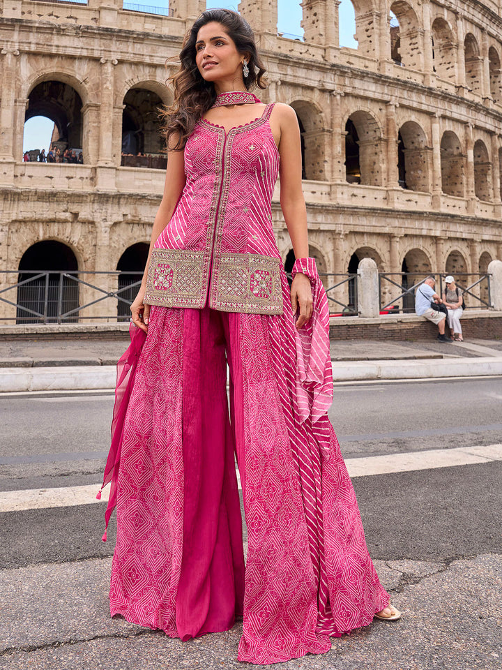 Rani-Pink Chinon Embroidered Kurta With Palazzo &amp; Dupatta