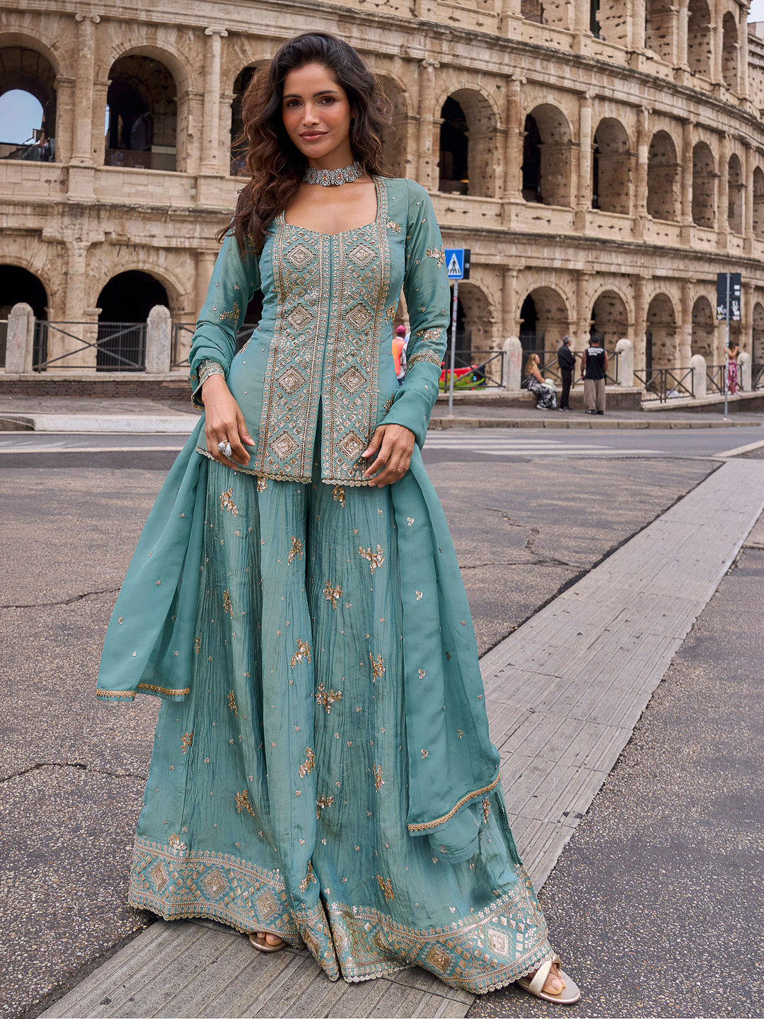 Steel Blue Chinon Embroidered Kurta With Palazzo &amp; Dupatta