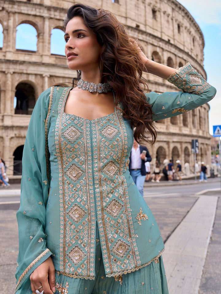 Steel Blue Chinon Embroidered Kurta With Palazzo &amp; Dupatta