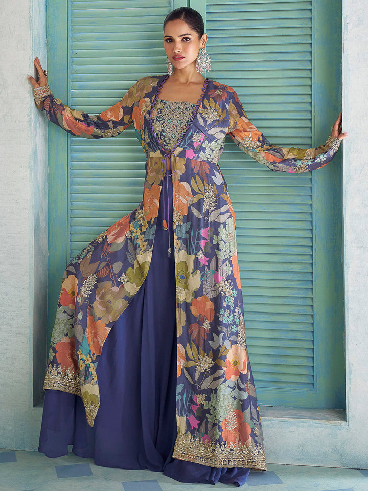 Royal Blue Chinon Embroidered Blouse With Palazzo &amp; Dupatta