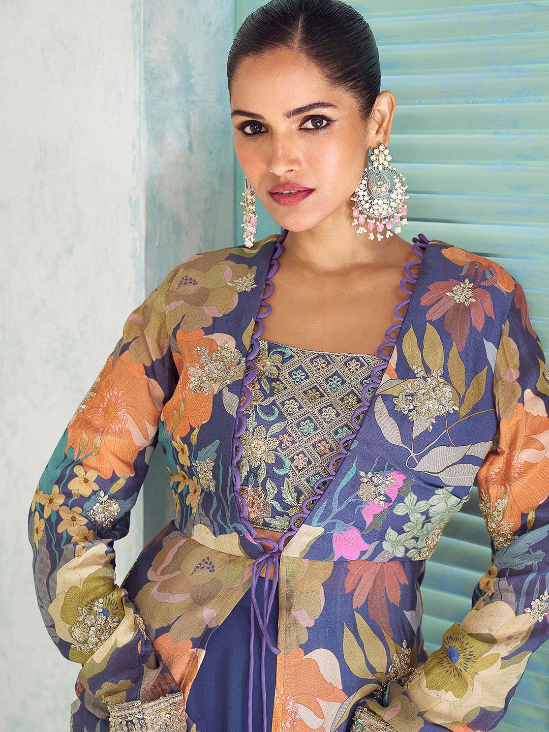 Royal Blue Chinon Embroidered Blouse With Palazzo &amp; Dupatta