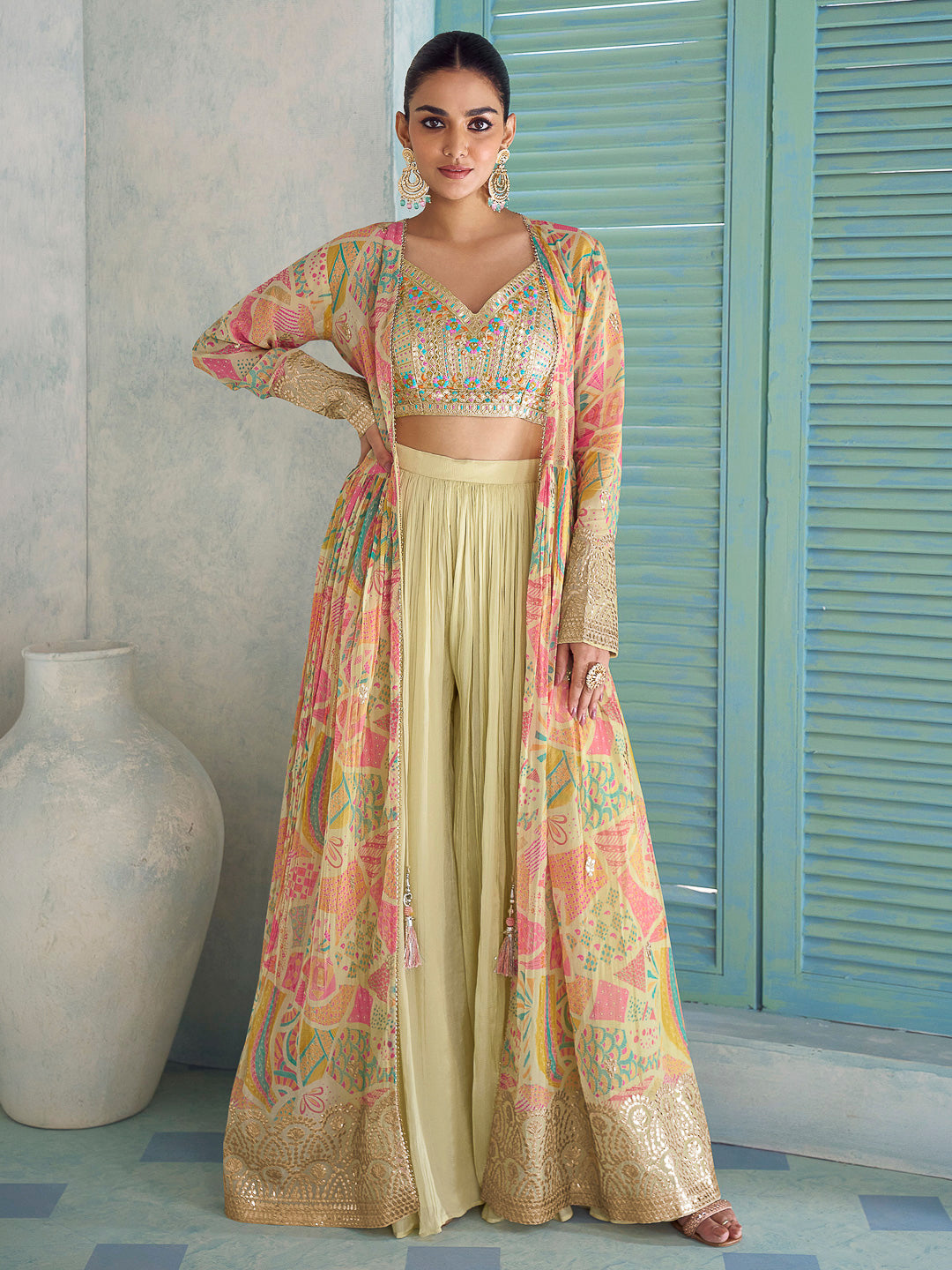 Beige-Multi Chinon Embroidered Blouse With Palazzo &amp; Dupatta