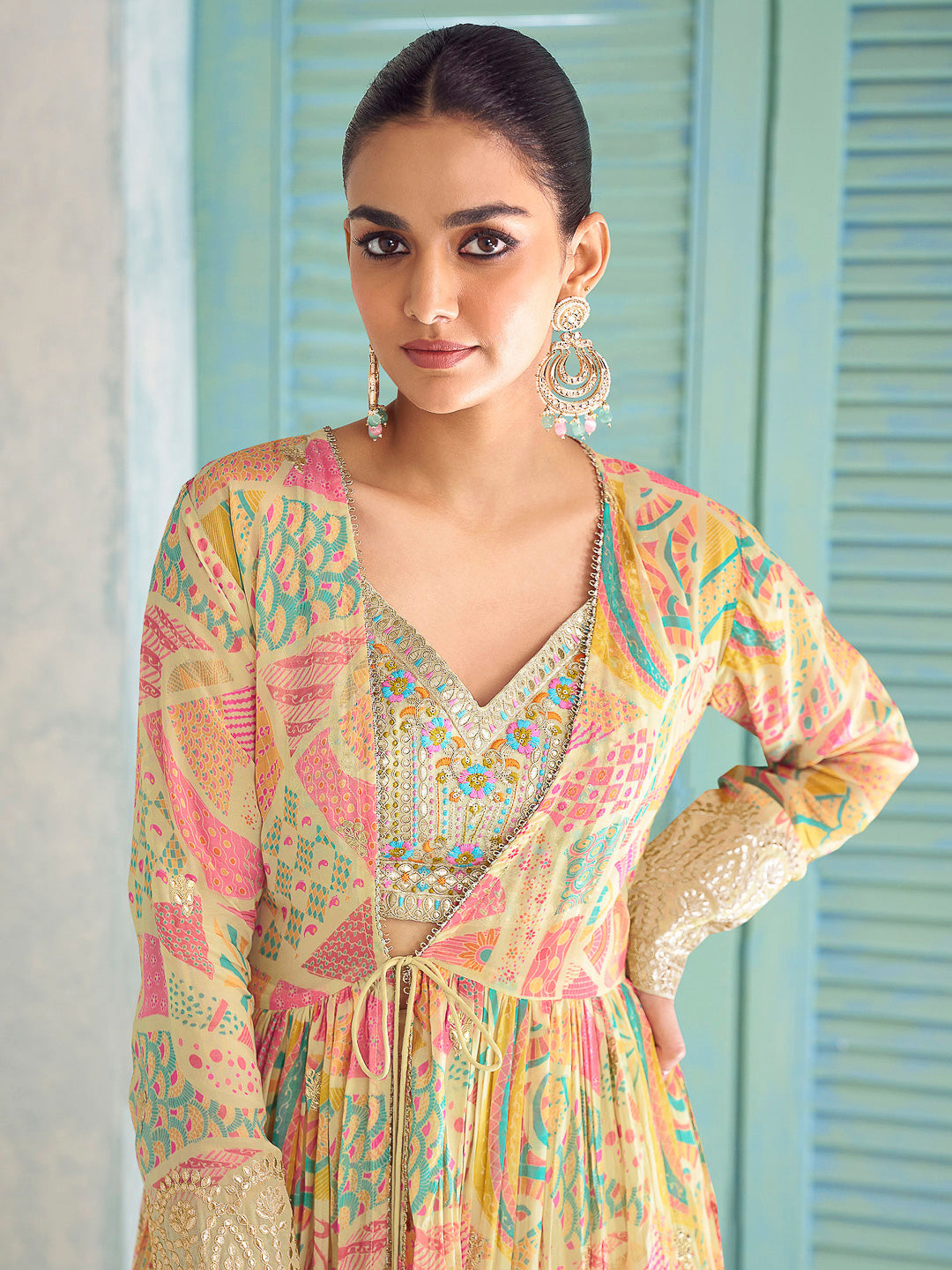 Beige-Multi Chinon Embroidered Blouse With Palazzo &amp; Dupatta